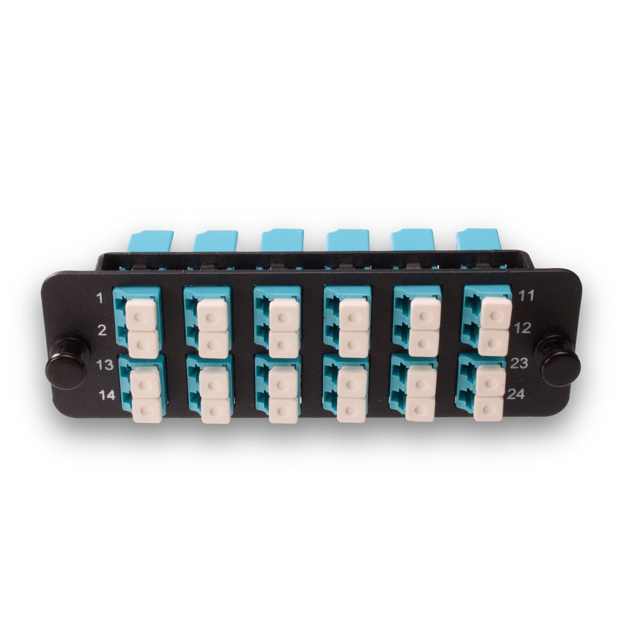 24-Port LGX Compatible Fiber Patch Panel with Numbered Ports, Preloaded with Aqua LC/UPC Adapters/Couplers