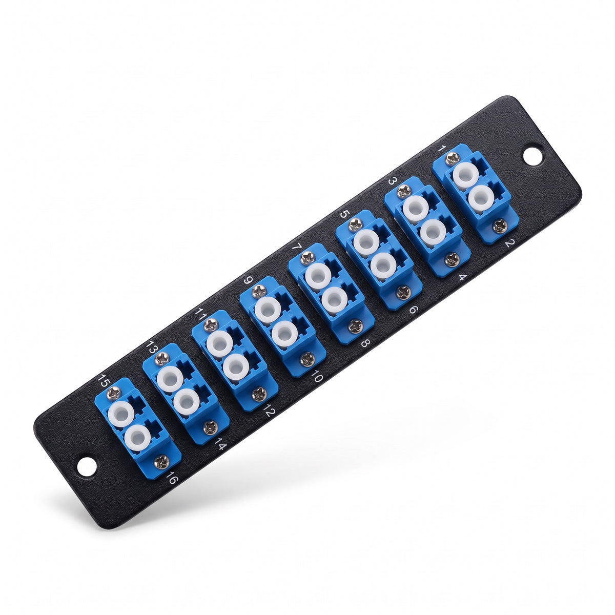 16-Port LGX Compatible Fiber Patch Panel with Numbered Ports, Preloaded with Blue LC Adapters/Couplers