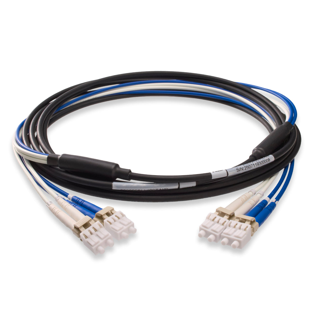 4-Fiber Industrial Armored LC/UPC to LC/UPC Multimode OM1 Fiber Optic Patch Cable | Ø4.5mm Black Armored Cable | Blue & White LSZH Fanout Tubes