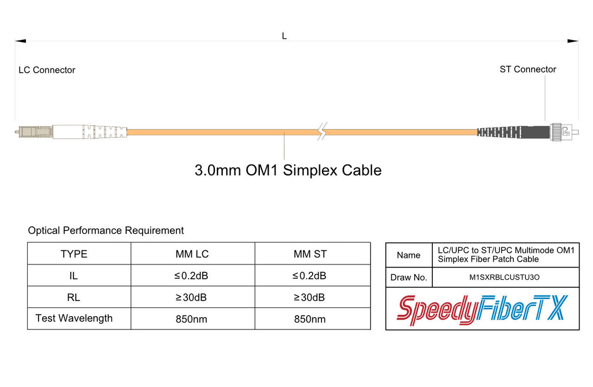 電信級 0.2dB LC/UPC to ST/UPC 多模 OM1 單工光纖跳線 | 康寧纖芯 | 橘色 LSZH 低煙無鹵外被