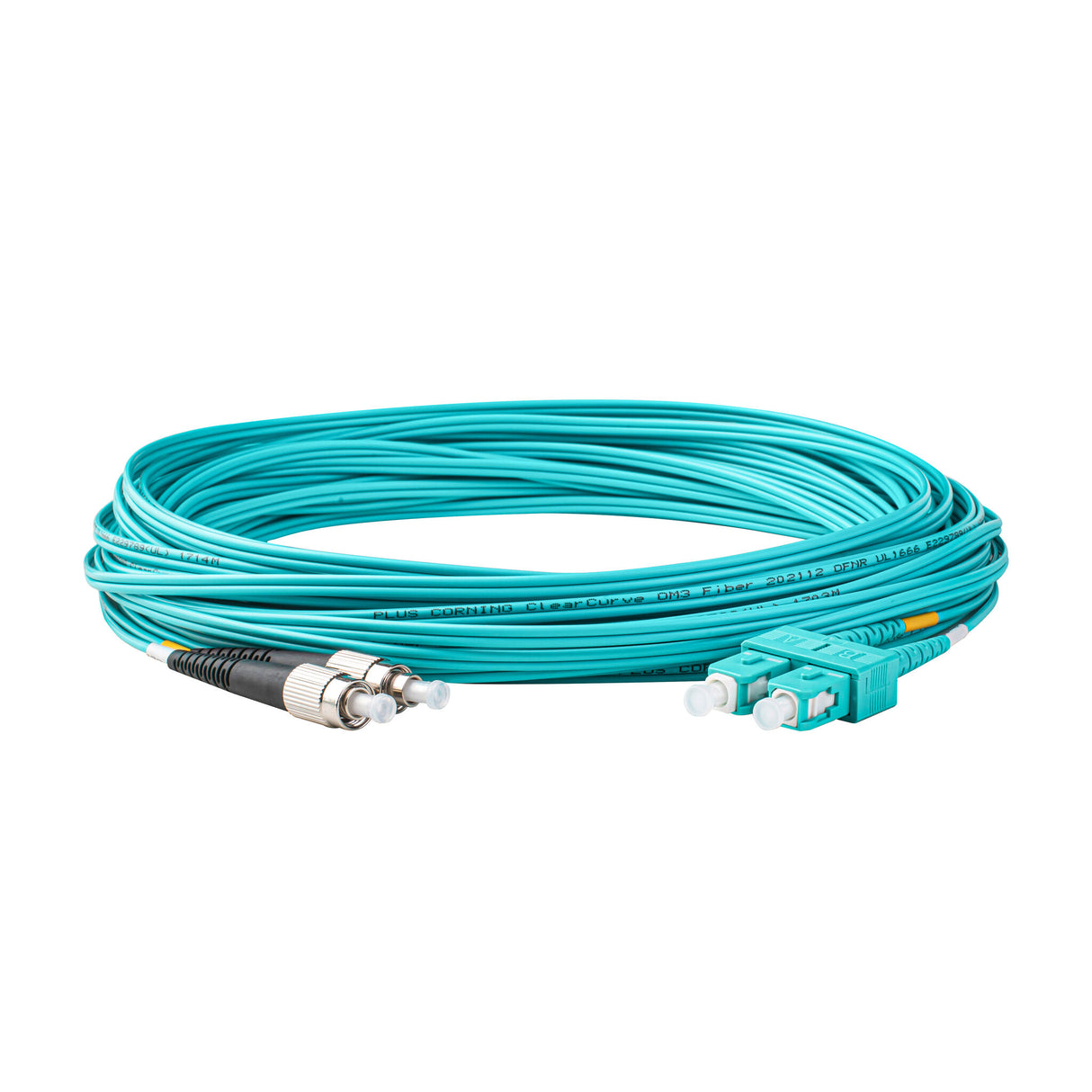 0.2dB SC/UPC to FC/UPC Multimode OM3 Duplex Fiber Patch Cable | Corning ClearCurve OM3 50 µm Laser-Optimized Fiber | Aqua LSZH Jacket, Aqua Connectors