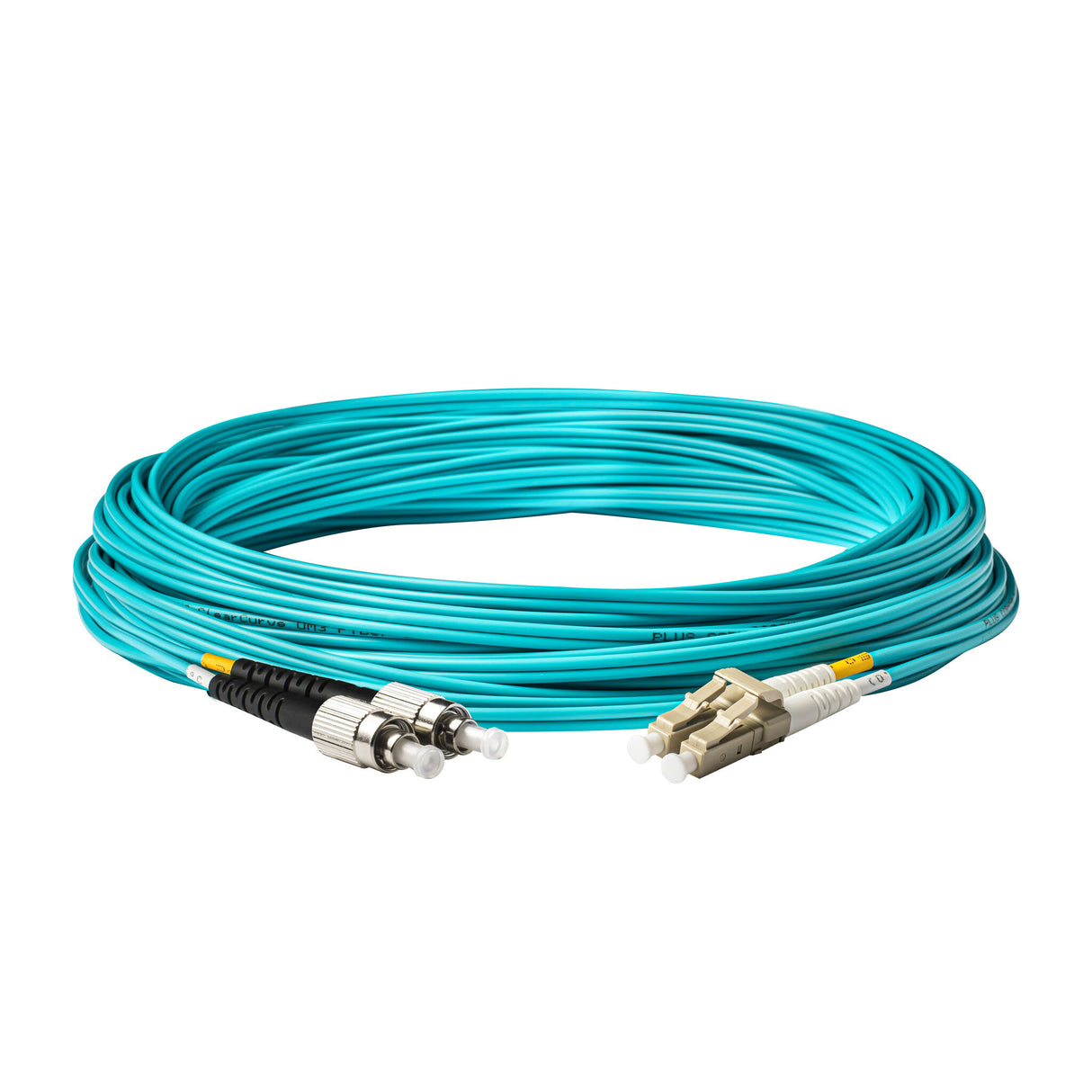 0.2dB LC/UPC to FC/UPC Multimode OM3 Duplex Fiber Patch Cable | Corning ClearCurve OM3 50 µm Laser-Optimized Fiber | Aqua OFNR Jacket, Beige Connectors