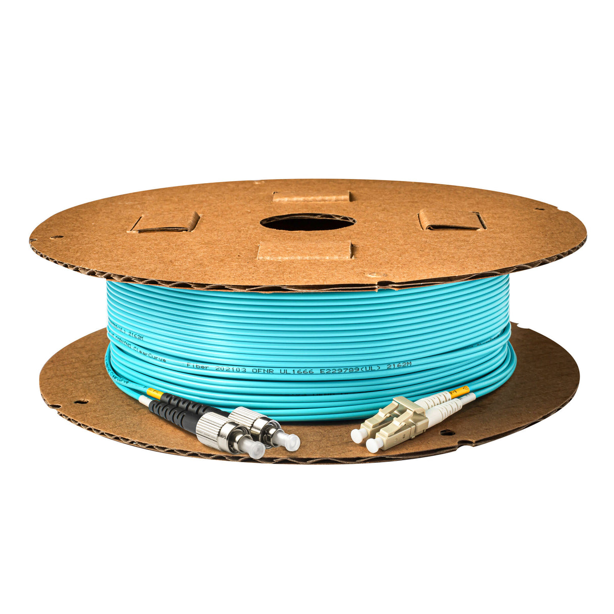 0.2dB LC/UPC to FC/UPC Multimode OM3 Duplex Fiber Patch Cable | Corning ClearCurve OM3 50 µm Laser-Optimized Fiber | Aqua OFNR Jacket, Beige Connectors