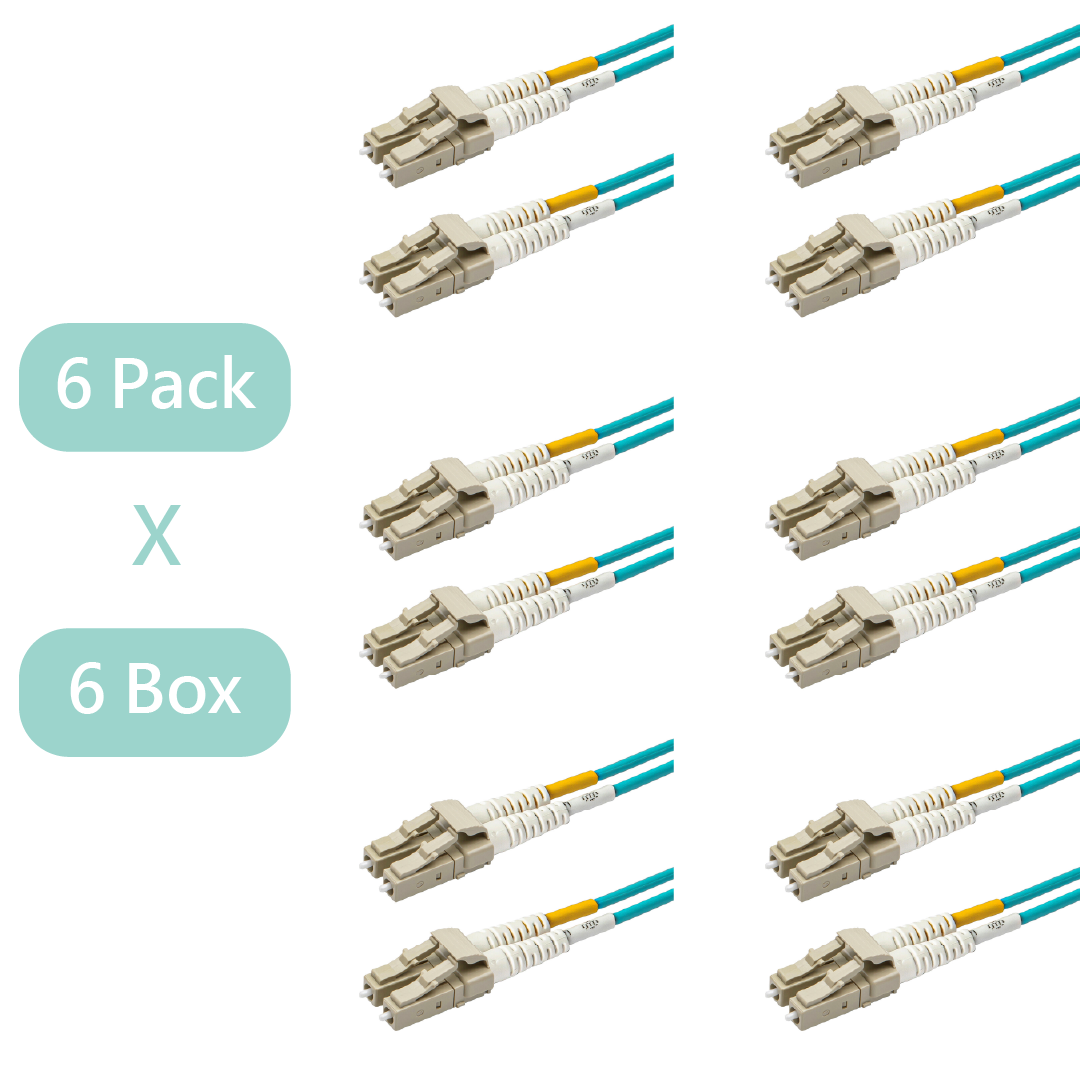 Bundle Deal – 0.2dB LC/UPC to LC/UPC Multimode OM3 Duplex Fiber Patch Cable | Corning ClearCurve OM3 50 µm Laser-Optimized Fiber | Aqua Jacket, Beige Connectors | 1 Foot | 6-Pack
