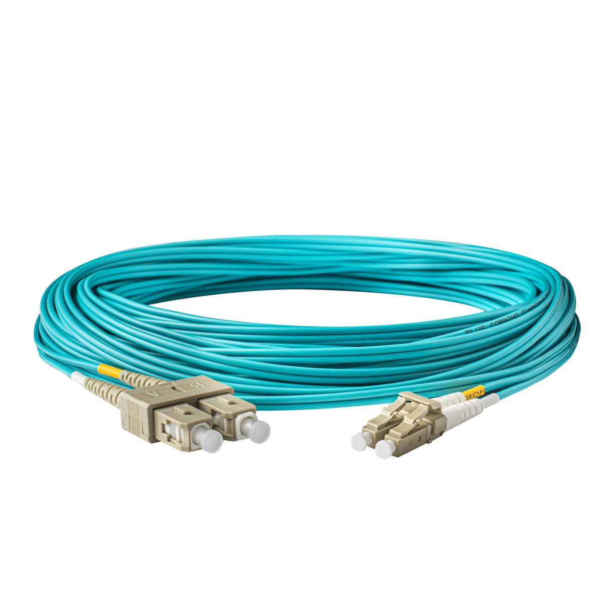 0.2dB LC/UPC to SC/UPC Multimode OM4 Duplex Fiber Patch Cable | Corning ClearCurve OM4 50 µm Laser-Optimized Fiber | Aqua LSZH Jacket, Beige Connectors