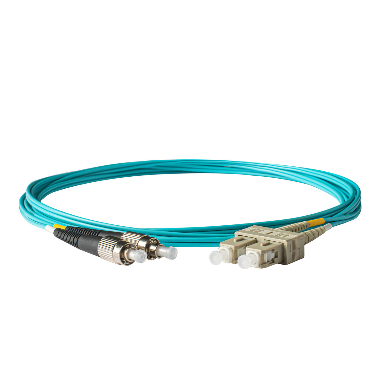 0.2dB SC/UPC to FC/UPC Multimode OM3 Duplex Fiber Patch Cable | Corning ClearCurve OM3 50 µm Laser-Optimized Fiber | Aqua LSZH Jacket, Beige Connectors