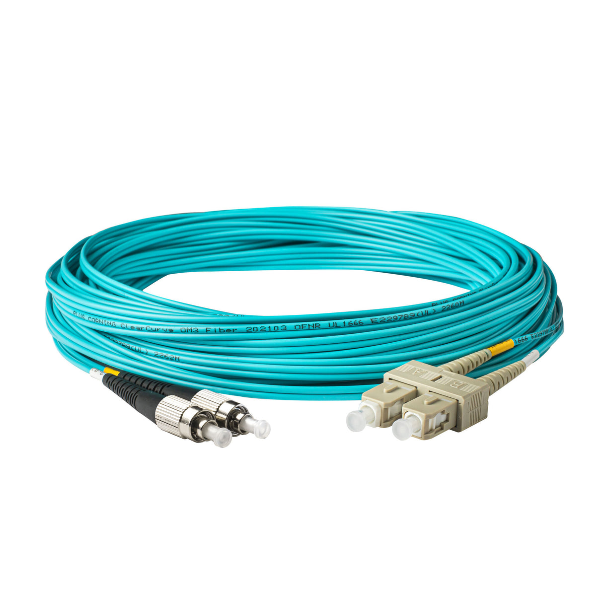 0.2dB SC/UPC to FC/UPC Multimode OM3 Duplex Fiber Patch Cable | Corning ClearCurve OM3 50 µm Laser-Optimized Fiber | Aqua LSZH Jacket, Beige Connectors