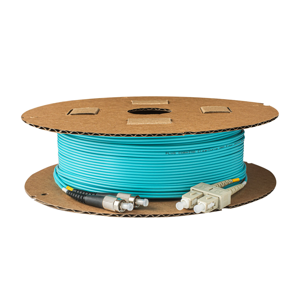 0.2dB SC/UPC to FC/UPC Multimode OM3 Duplex Fiber Patch Cable | Corning ClearCurve OM3 50 µm Laser-Optimized Fiber | Aqua LSZH Jacket, Beige Connectors