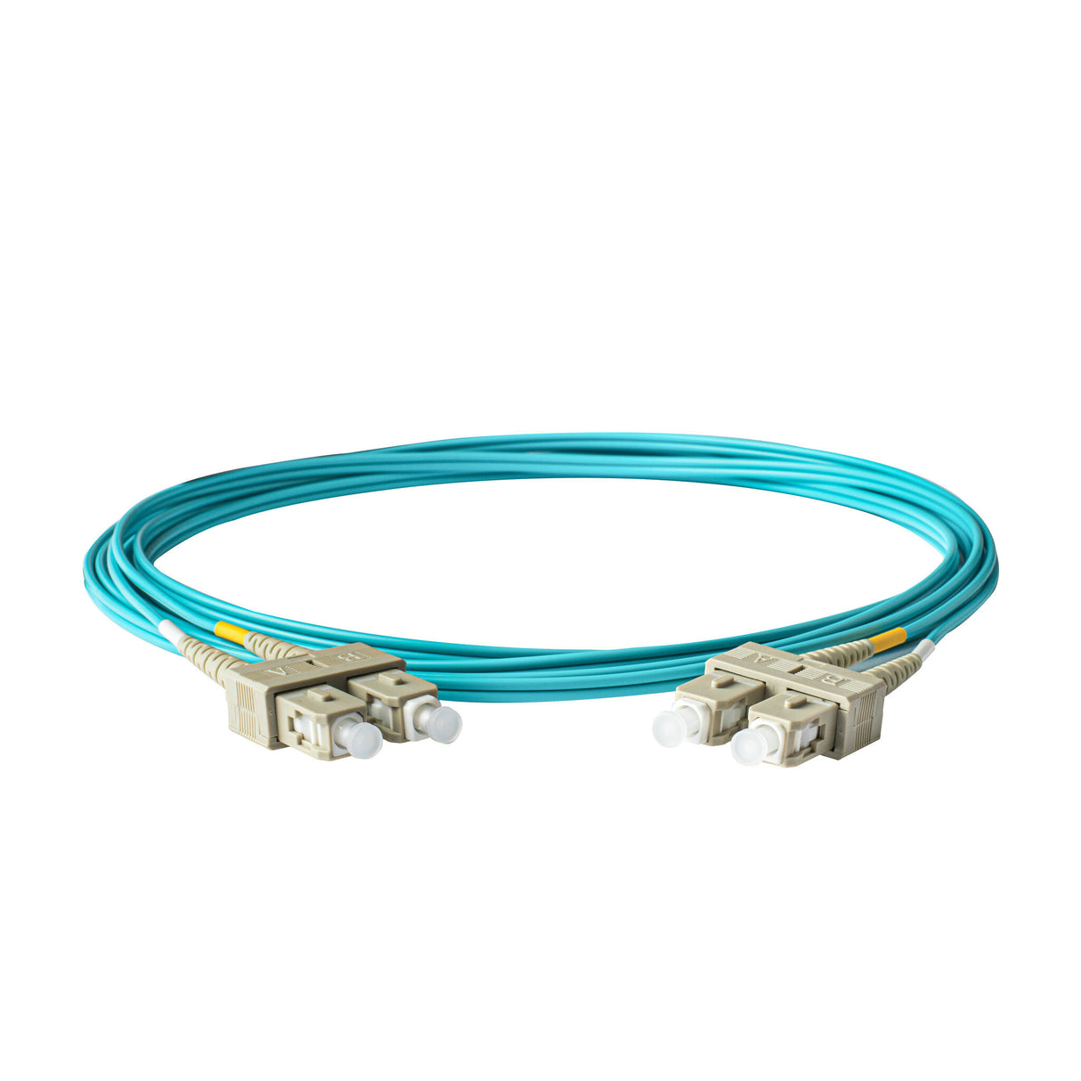 0.2dB SC/UPC to SC/UPC Multimode OM3 Duplex Fiber Patch Cable | Corning ClearCurve OM3 50 µm Laser-Optimized Fiber | Aqua LSZH Jacket, Beige Connectors