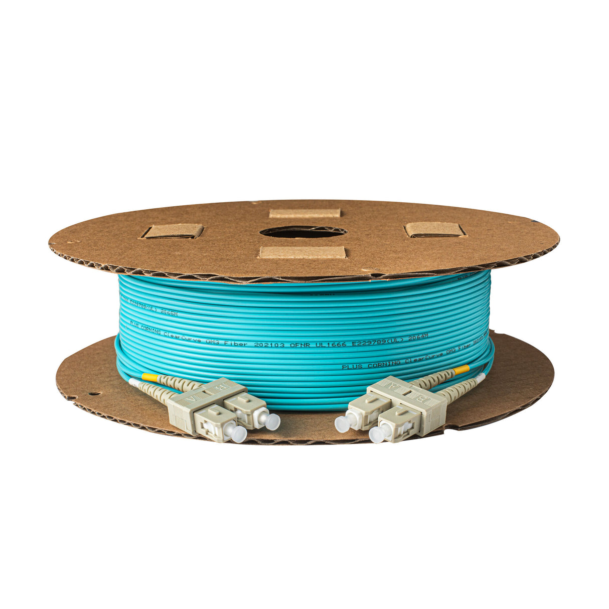 0.2dB SC/UPC to SC/UPC Multimode OM3 Duplex Fiber Patch Cable | Corning ClearCurve OM3 50 µm Laser-Optimized Fiber | Aqua LSZH Jacket, Beige Connectors