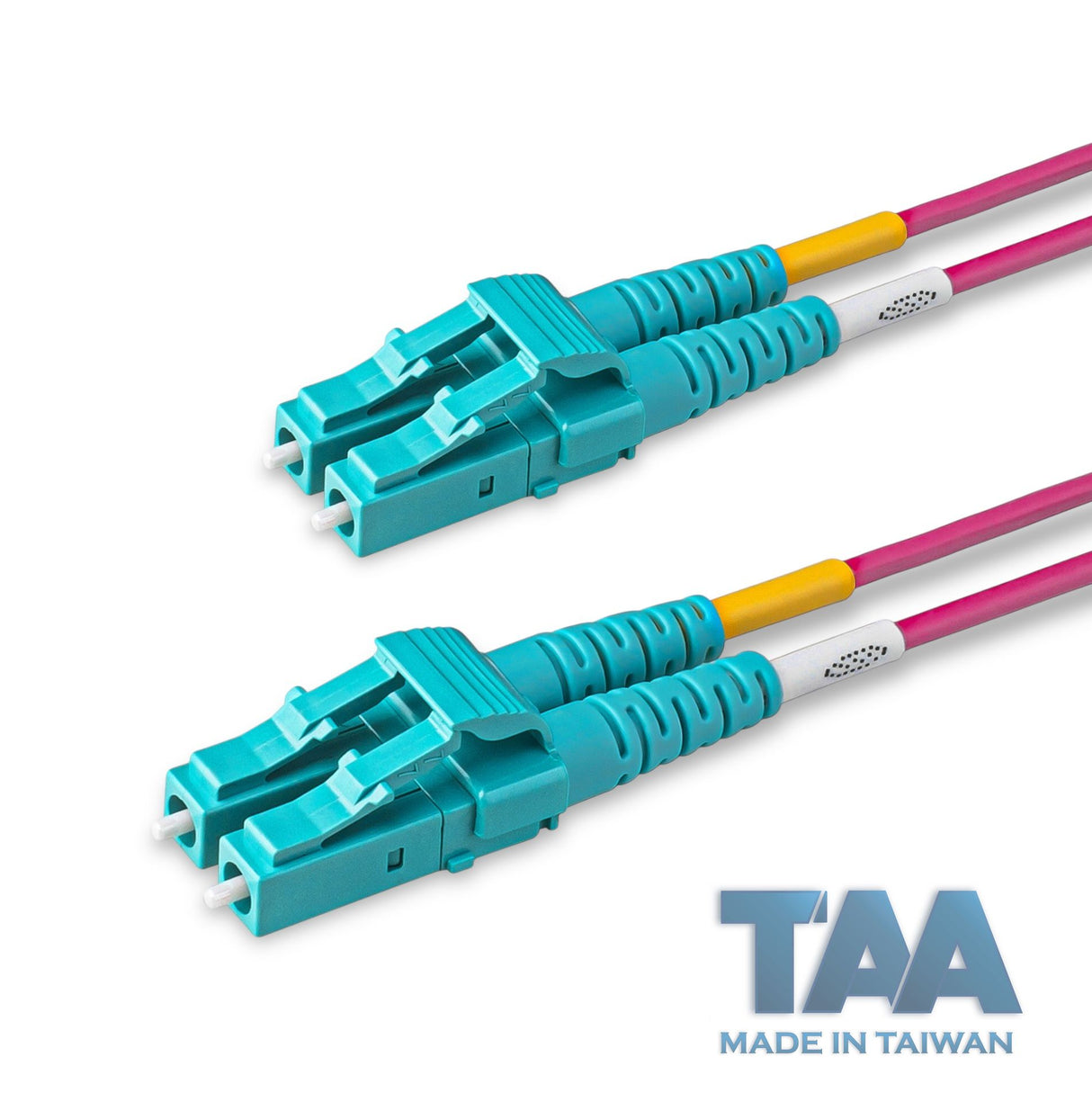 TAA Compliant Fiber Patch Cable | 0.2dB LC/UPC to LC/UPC Multimode OM4 Duplex | Corning ClearCurve OM4 50 µm Laser-Optimized Fiber | Magenta OFNR Jacket, Aqua Connectors