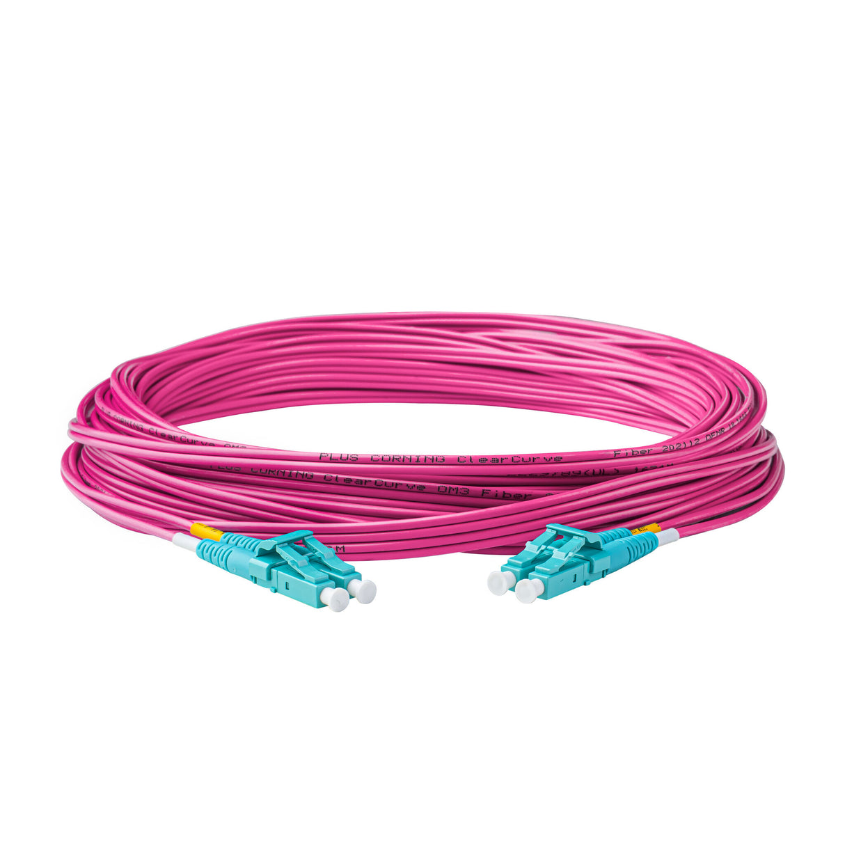 TAA Compliant Fiber Patch Cable | 0.2dB LC/UPC to LC/UPC Multimode OM4 Duplex | Corning ClearCurve OM4 50 µm Laser-Optimized Fiber | Magenta OFNR Jacket, Aqua Connectors