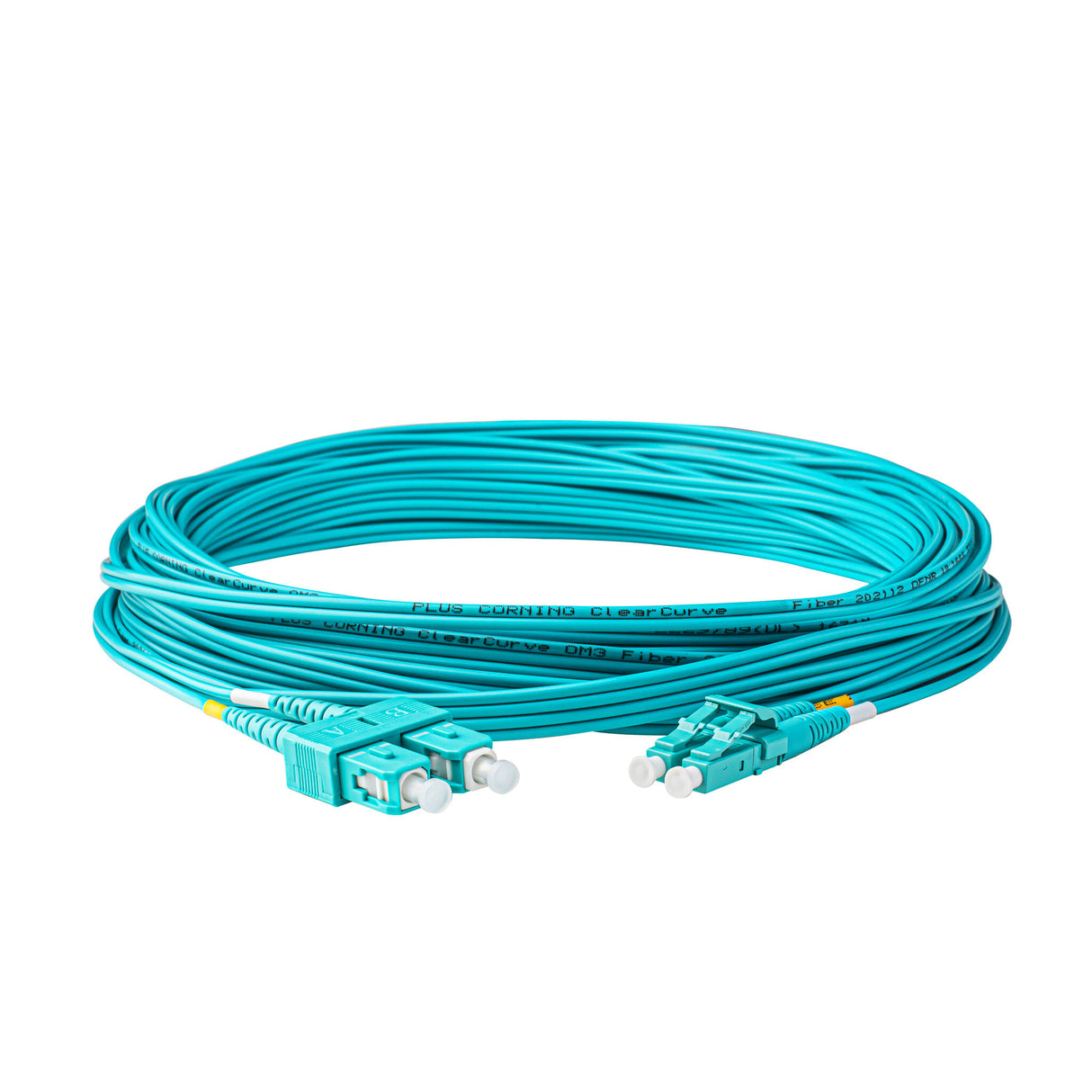TAA Compliant Fiber Patch Cable | 0.2dB LC/UPC to SC/UPC Multimode OM4 Duplex | Corning ClearCurve OM4 50 µm Laser-Optimized Fiber | Aqua OFNR Jacket, Aqua Connectors