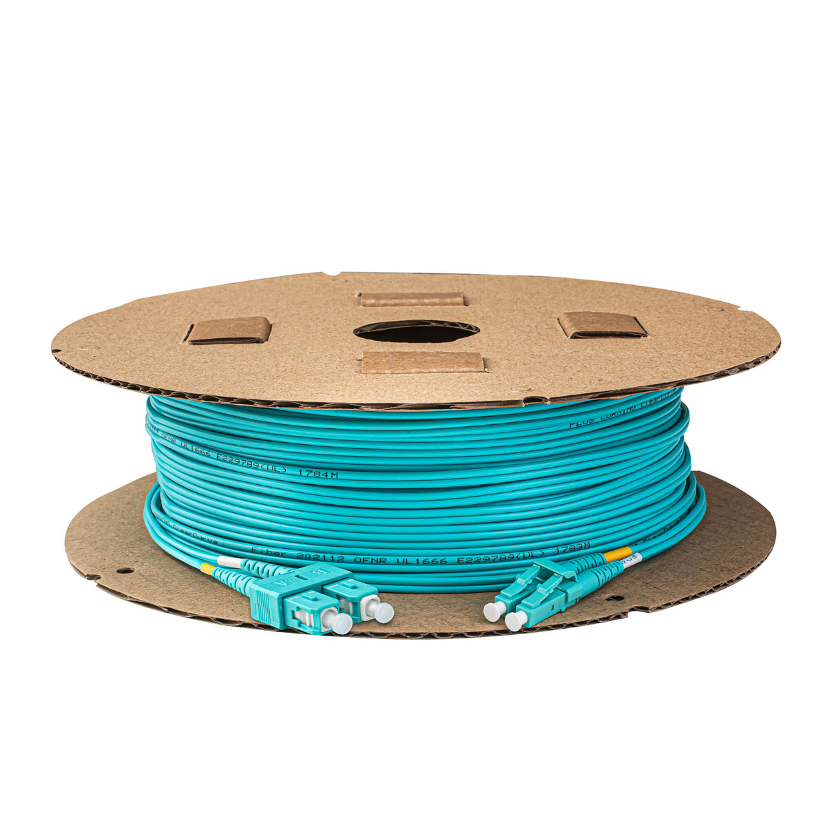 TAA Compliant Fiber Patch Cable | 0.2dB LC/UPC to SC/UPC Multimode OM4 Duplex | Corning ClearCurve OM4 50 µm Laser-Optimized Fiber | Aqua OFNR Jacket, Aqua Connectors