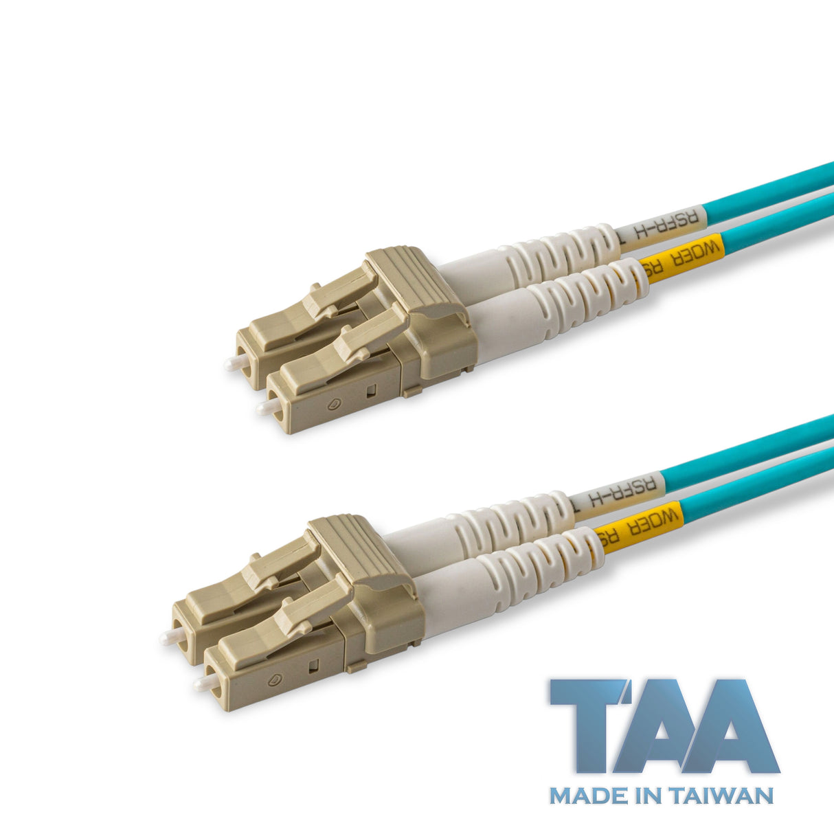 TAA Compliant Fiber Patch Cable | 0.2dB LC/UPC to LC/UPC Multimode OM4 Duplex | Corning ClearCurve OM4 50 µm Laser-Optimized Fiber | Aqua OFNP Jacket, Beige Connectors