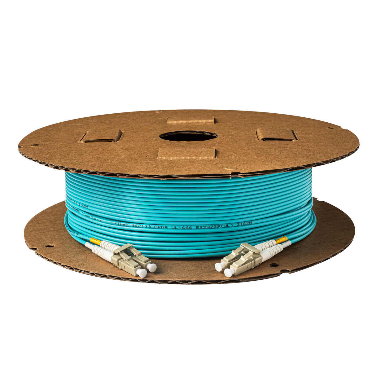 0.2dB LC/UPC to LC/UPC Multimode OM4 Duplex Fiber Patch Cable | Corning ClearCurve OM4 50 µm Laser-Optimized Fiber | Aqua OFNR Jacket, Beige Connectors