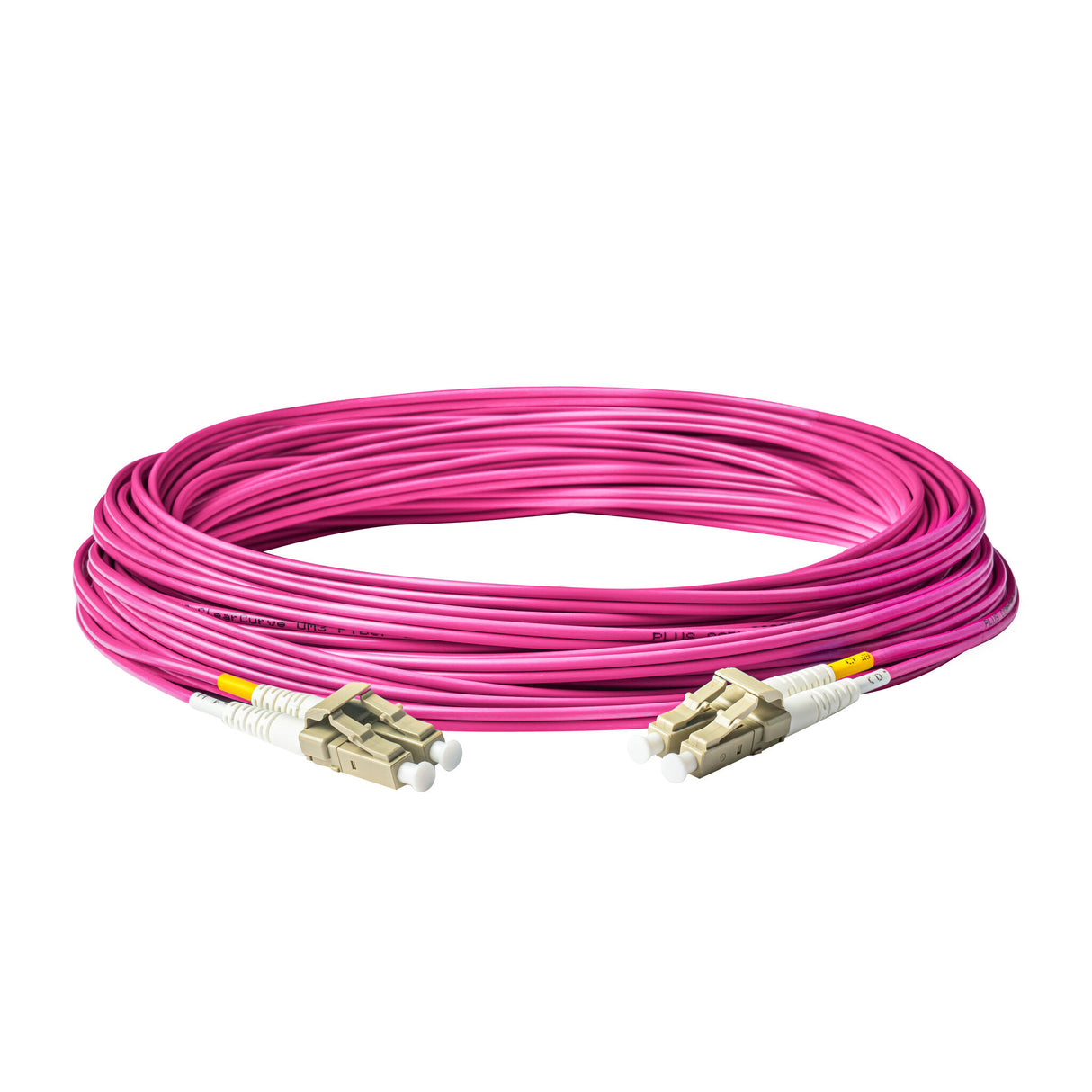 0.2dB LC/UPC to LC/UPC Multimode OM4 Duplex Fiber Patch Cable | Corning ClearCurve OM4 50 µm Laser-Optimized Fiber | Magenta OFNR Jacket, Beige Connectors