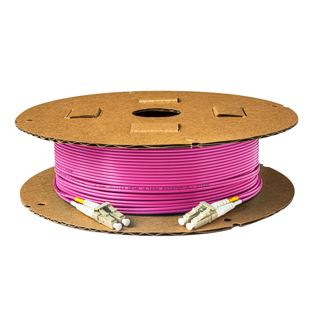 0.2dB LC/UPC to LC/UPC Multimode OM4 Duplex Fiber Patch Cable | Corning ClearCurve OM4 50 µm Laser-Optimized Fiber | Magenta OFNR Jacket, Beige Connectors