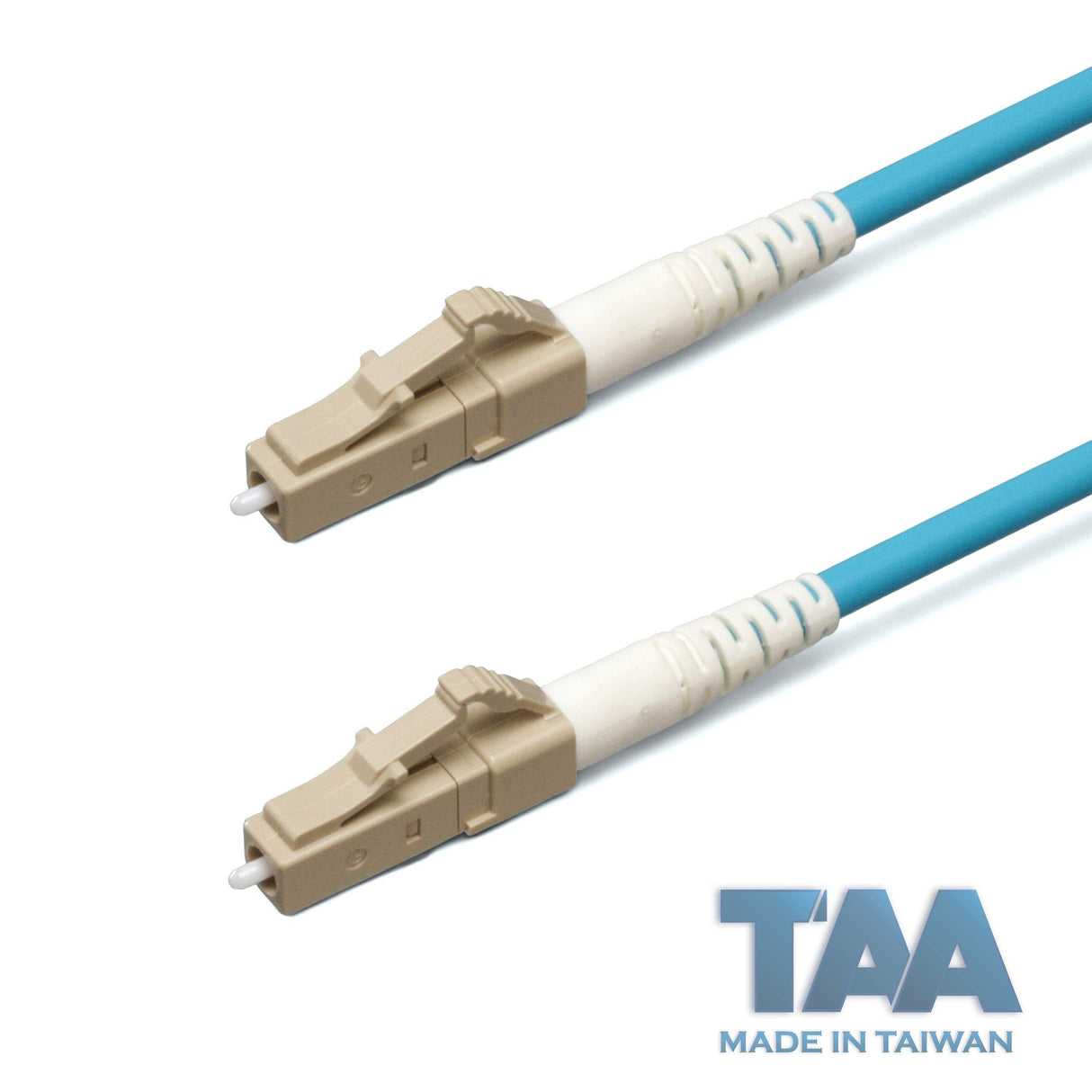 TAA Compliant Fiber Patch Cable | 0.2dB LC/UPC to LC/UPC Multimode OM4 Simplex | Corning ClearCurve OM4 50 µm Laser-Optimized Fiber | Aqua OFNR Jacket, Beige Connectors