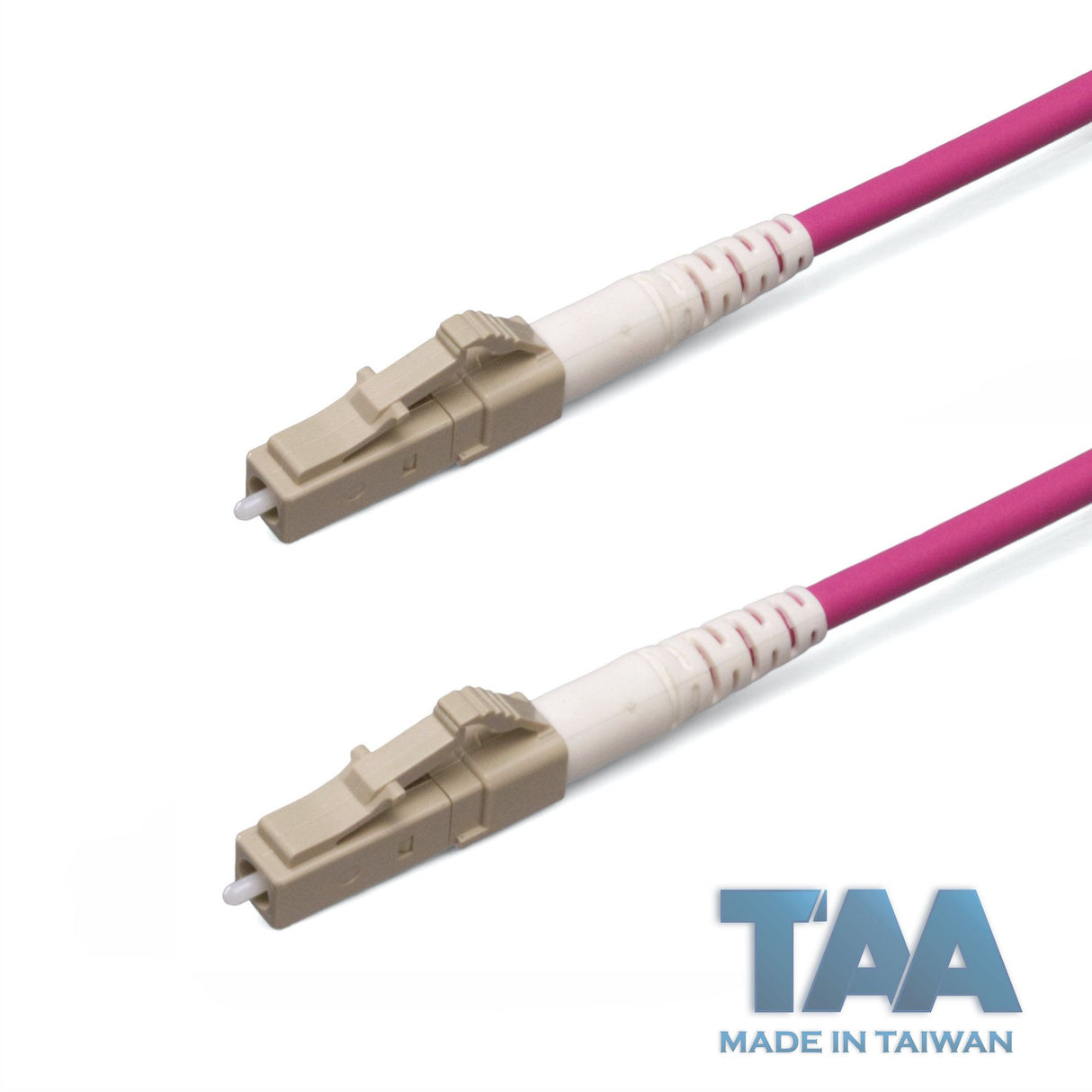 TAA Compliant Fiber Patch Cable | 0.2dB LC/UPC to LC/UPC Multimode OM4 Simplex | Corning ClearCurve OM4 50 µm Laser-Optimized Fiber | Magenta OFNR Jacket, Beige Connectors