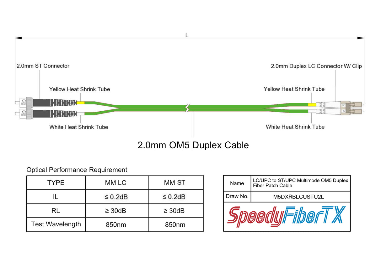 0.2dB LC/UPC to ST/UPC Multimode OM5 Duplex Fiber Patch Cable | OM5 50 µm Laser-Optimized Fiber | Lime Green OFNR Jacket, Beige Connectors