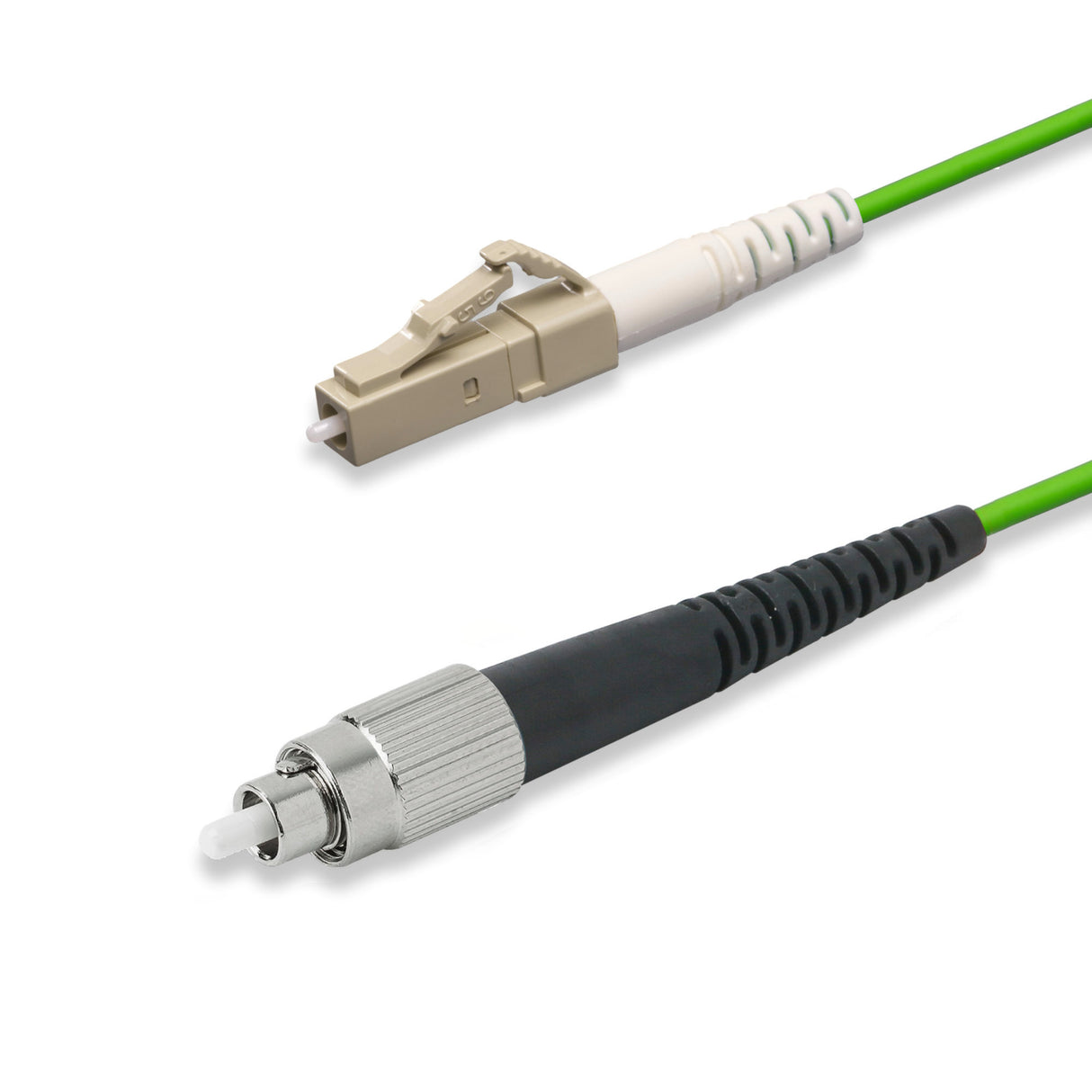 Low Loss 0.15dB LC/UPC to FC/UPC Multimode OM5 Simplex Fiber Patch Cable | OM5 50 µm Laser-Optimized Fiber | Lime Green OFNR Jacket, Beige Connectors