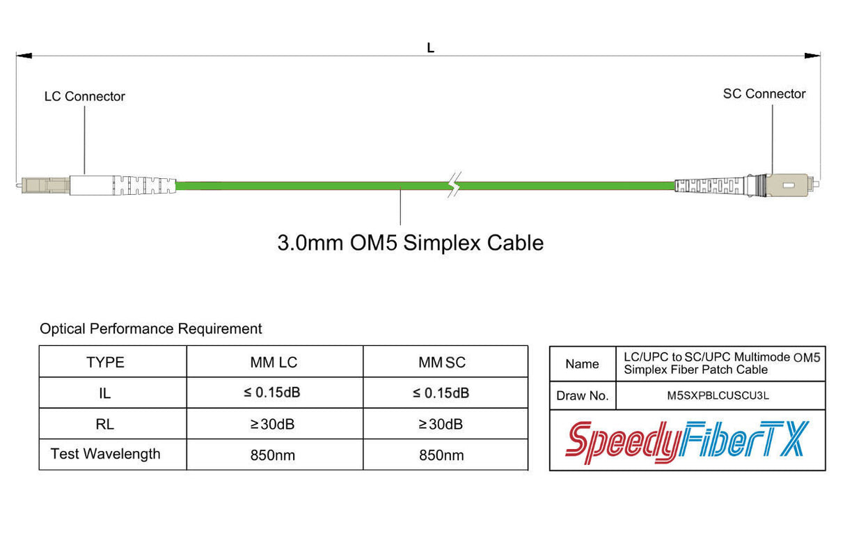 Low Loss 0.15dB LC/UPC to SC/UPC Multimode OM5 Simplex Fiber Patch Cable | OM5 50 µm Laser-Optimized Fiber | Lime Green OFNR Jacket, Beige Connectors