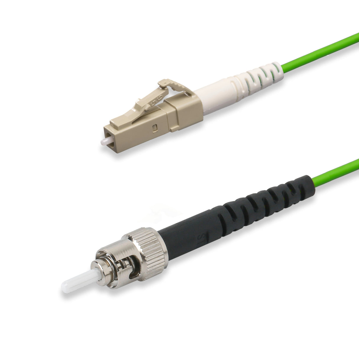 Low Loss 0.15dB LC/UPC to ST/UPC Multimode OM5 Simplex Fiber Patch Cable | OM5 50 µm Laser-Optimized Fiber | Lime Green OFNR Jacket, Beige Connectors