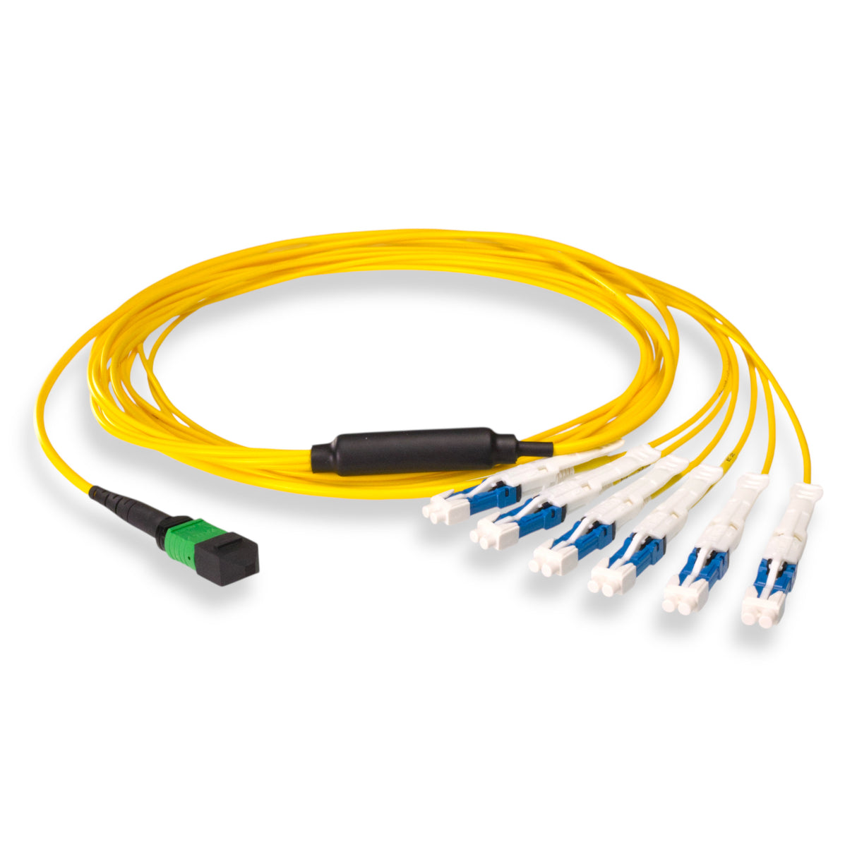 12-Fiber Non-Pinned MPO-12/APC to 6 x CS/UPC Breakout Cable | Corning® SMF-28® Ultra Single-mode Optical Fiber | OS1/OS2 Compatible | Type B, Green MPO Connector, Blue CS Connector, Yellow Cable Jacket | OFNP Jacket