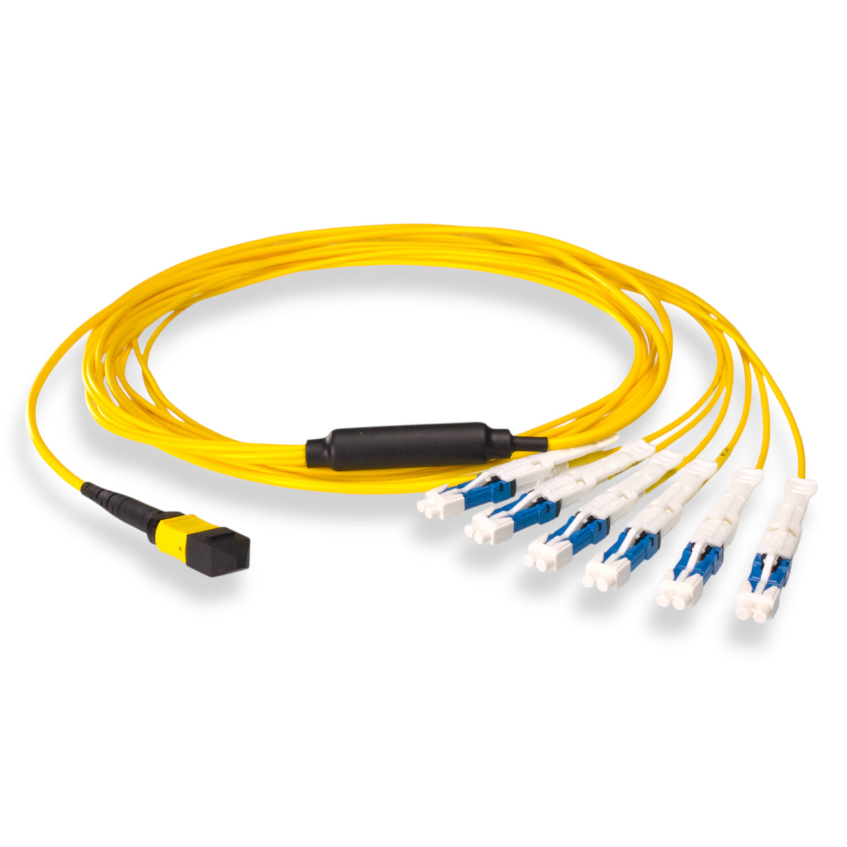 12-Fiber Non-Pinned MPO-12/APC to 6 x CS/UPC Breakout Cable | Corning® SMF-28® Ultra Single-mode Optical Fiber | OS1/OS2 Compatible | Type B, Yellow MPO Connector, Blue CS Connector, Yellow Cable Jacket | OFNP Jacket