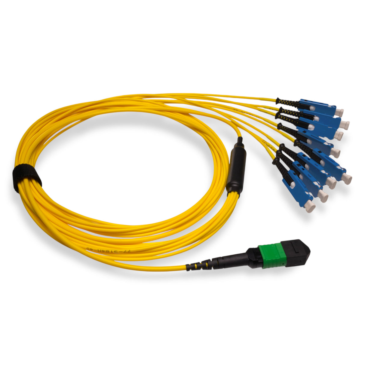 16-Fiber Non-Pinned MPO/APC to 8 x SN/UPC Fanout Cable | Corning® SMF-28® Ultra Single-mode Optical Fiber | OS1/OS2 Compatible | Crossover, Green MPO Connector, Blue SN Connector, Yellow Cable Jacket | OFNP Jacket