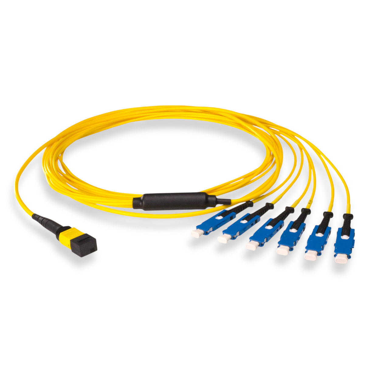 12-Fiber Non-Pinned MPO/APC to 6 x SN/UPC Fanout Cable | Corning® SMF-28® Ultra Single-mode Optical Fiber | OS1/OS2 Compatible | Type B, Yellow MPO Connector, Blue SN Connector, Yellow Cable Jacket | OFNP Jacket