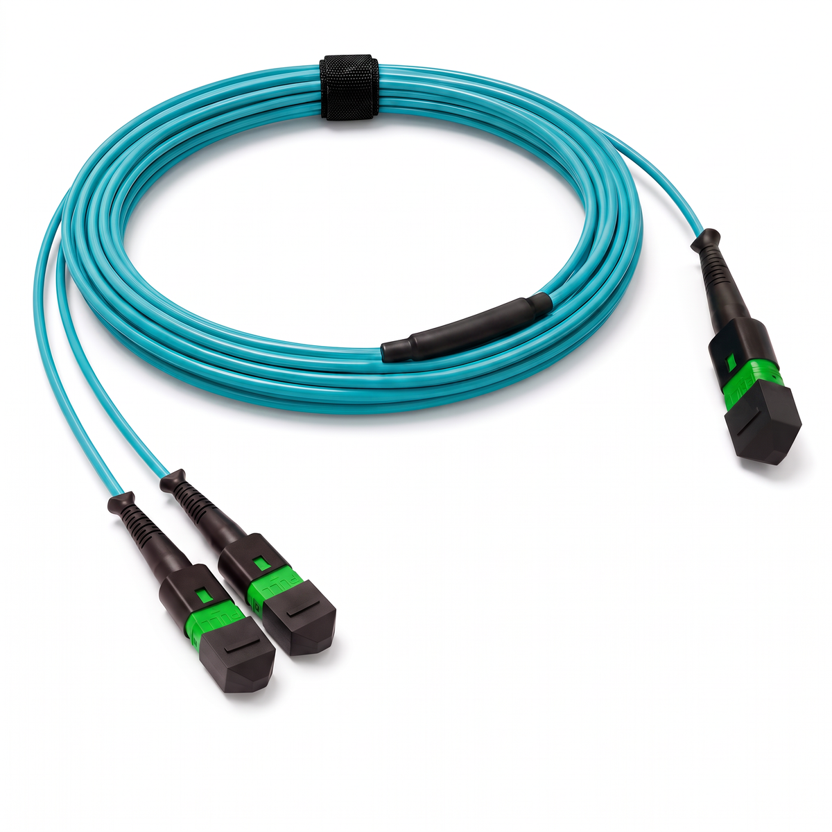 16-Fiber Low Loss Non-Pinned MPO/APC to Non-Pinned 2 x MPO/APC Breakout Cable | Corning ClearCurve OM4 Multimode Optical Fiber | Crossover, Green MPO Connector, Green MPO Connector, Aqua OFNP Cable Jacket
