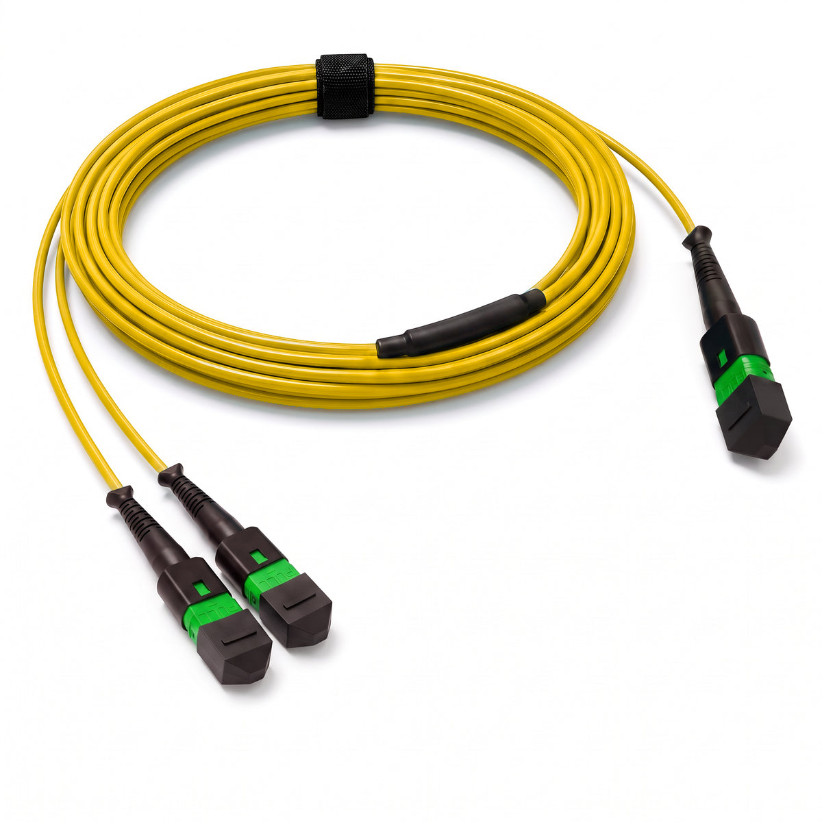 24-Fiber Low Loss Non-Pinned MPO/APC to Non-Pinned 2 x MPO/APC Breakout Cable | Corning SMF-28 Ultra Single-mode Optical Fiber | OS1/OS2 Compatible | Type A, Green MPO Connector, Green MPO Connector, Yellow OFNP Cable Jacket