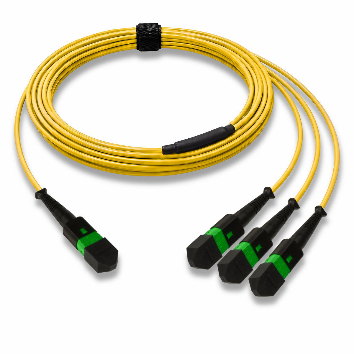 24-Fiber Low Loss Non-Pinned MPO/APC to Non-Pinned 3 x MPO/APC Breakout Cable | Corning SMF-28 Ultra Single-mode Optical Fiber | OS1/OS2 Compatible | Type B, Yellow MPO Connector, Green MPO Connector, Yellow OFNP Cable Jacket