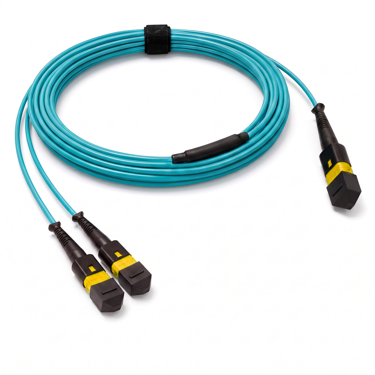 16-Fiber Low Loss Non-Pinned MPO/APC to Non-Pinned 2 x MPO/APC Breakout Cable | Corning ClearCurve OM4 Multimode Optical Fiber | Crossover, Yellow MPO Connector, Yellow MPO Connector, Aqua OFNP Cable Jacket