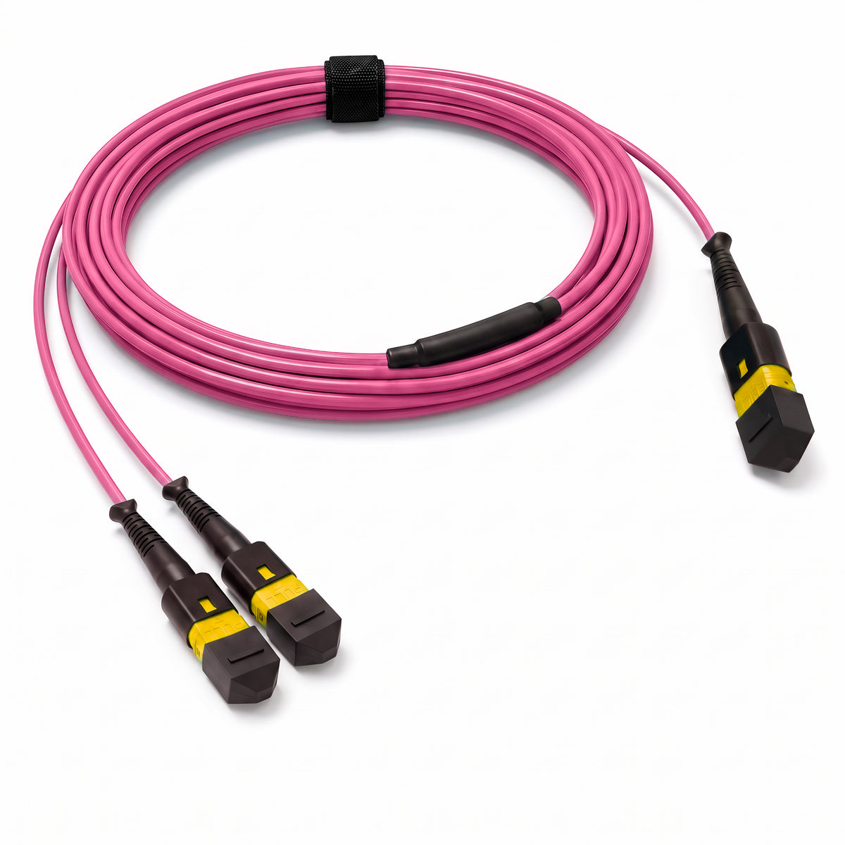 16-Fiber Low Loss Non-Pinned MPO/APC to Non-Pinned 2 x MPO/APC Breakout Cable | Corning ClearCurve OM4 Multimode Optical Fiber | Crossover, Yellow MPO Connector, Yellow MPO Connector, Magenta OFNP Cable Jacket