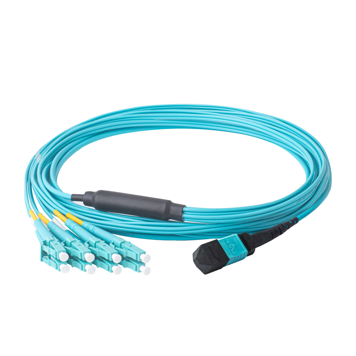 8-Fiber Low Loss Non-Pinned MPO/UPC to 4 x LC/UPC Duplex QSFP Type Breakout Cable | Corning ClearCurve OM4 Multimode Optical Fiber | Type B, Aqua MPO Connector, Aqua LC Connector, Aqua OFNP Cable Jacket