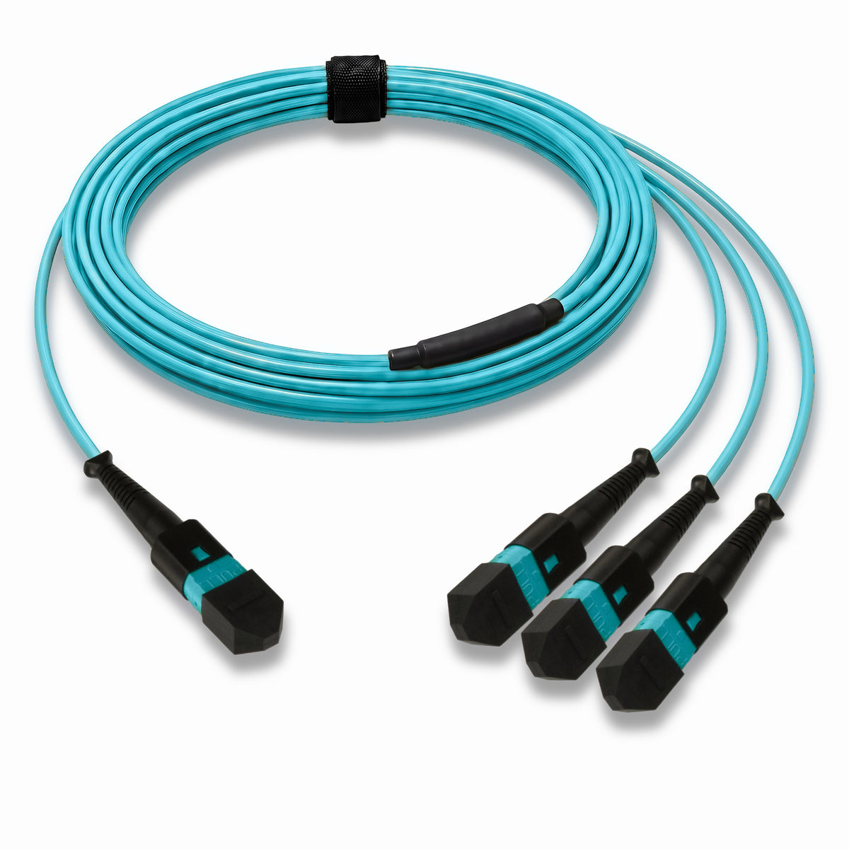 24-Fiber Low Loss Non-Pinned MPO/UPC to Non-Pinned 3 x MPO/UPC Breakout Cable | Corning ClearCurve OM4 Multimode Optical Fiber | Type B, Aqua MPO Connector, Aqua MPO Connector, Aqua OFNP Cable Jacket