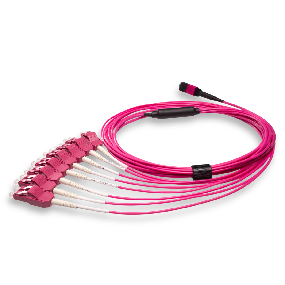 16-Fiber Low Loss Non-Pinned MPO/UPC to 8 x LC Uniboot/UPC Duplex QSFP Type Breakout Cable | Corning ClearCurve OM4 Multimode Optical Fiber | Crossover, Magenta MPO Connector, Magenta LC Uniboot Connector, Magenta OFNP Cable Jacket