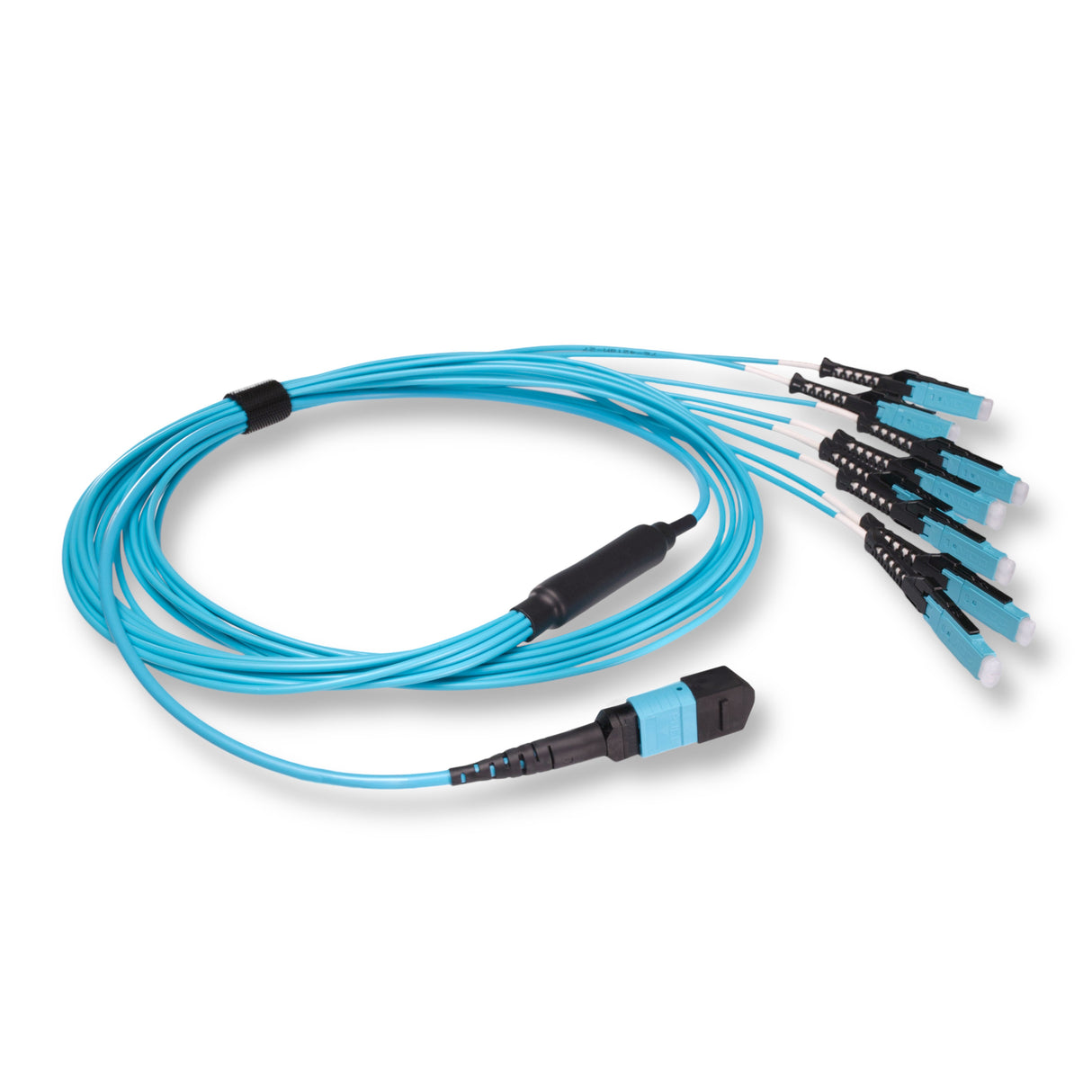 16-Fiber Non-Pinned MPO/UPC to 8 x MDC/UPC Fanout Cable | Corning® ClearCurve® OM4 Multimode Optical Fiber | Crossover, Aqua MPO Connector, Aqua MDC Connector, Aqua Cable Jacket | OFNP Jacket