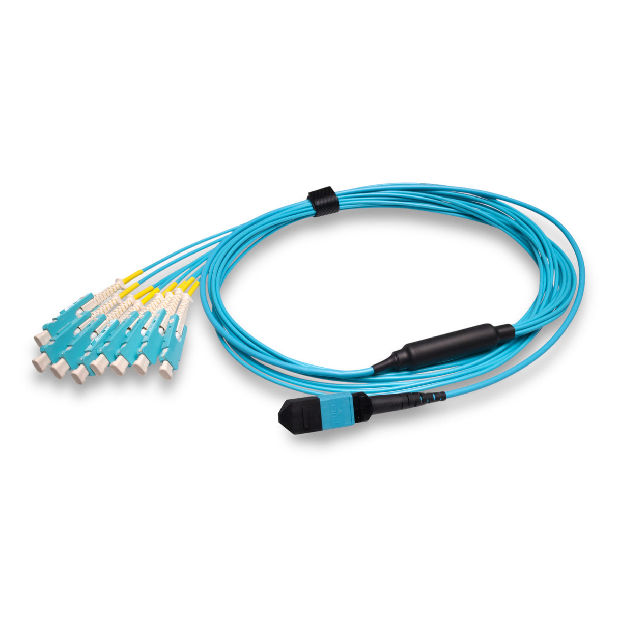 16-Fiber Non-Pinned MPO/UPC to 8 x SN/UPC Fanout Cable | Corning® ClearCurve® OM4 Multimode Optical Fiber | Crossover, Aqua MPO Connector, Aqua SN Connector, Aqua Cable Jacket | OFNP Jacket