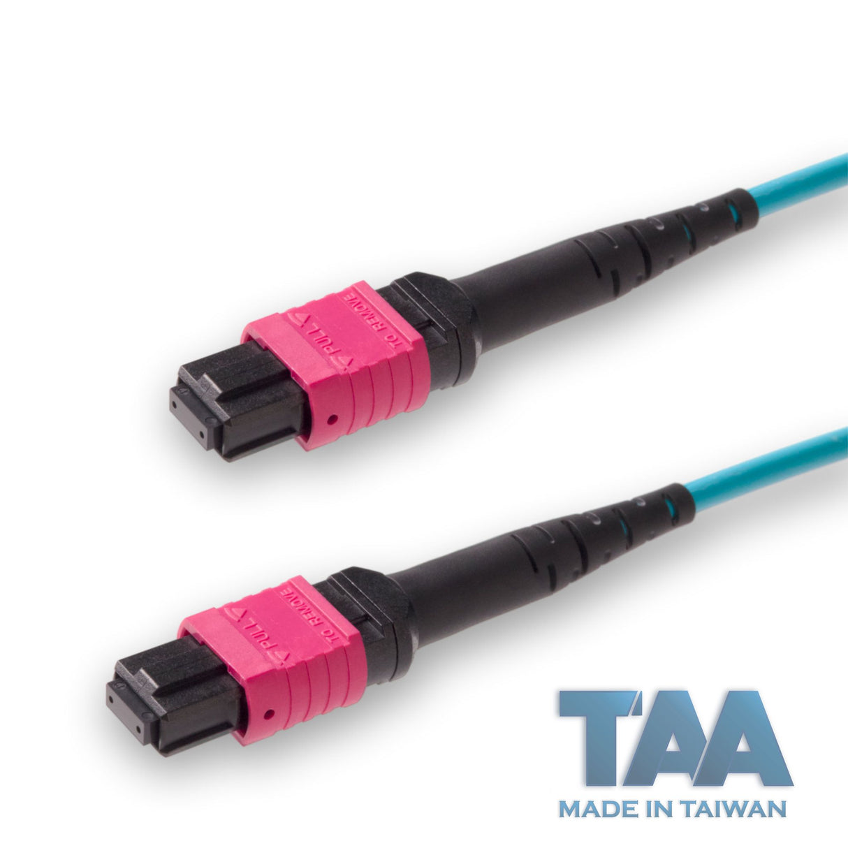 TAA Compliant | 8-Fiber Low Loss Non-Pinned MPO/UPC to Non-Pinned MPO/UPC Jumper Cable | Corning ClearCurve OM4 Multimode Optical Fiber | Type B, Magenta MPO Connector, Aqua OFNP Cable Jacket