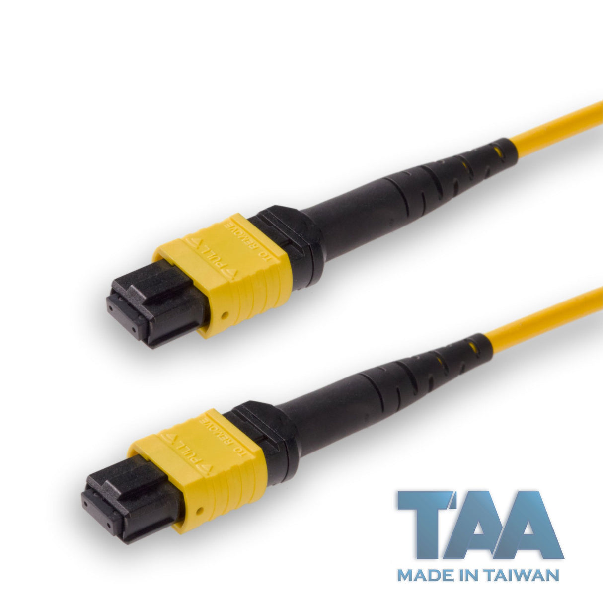 TAA Compliant | 12-Fiber Low Loss Non-Pinned MPO/APC to Non-Pinned MPO/APC Jumper Cable | Corning SMF-28 Ultra Single-mode Optical Fiber | OS1/OS2 Compatible | Type A, Yellow MPO Connector, Yellow OFNP Cable Jacket