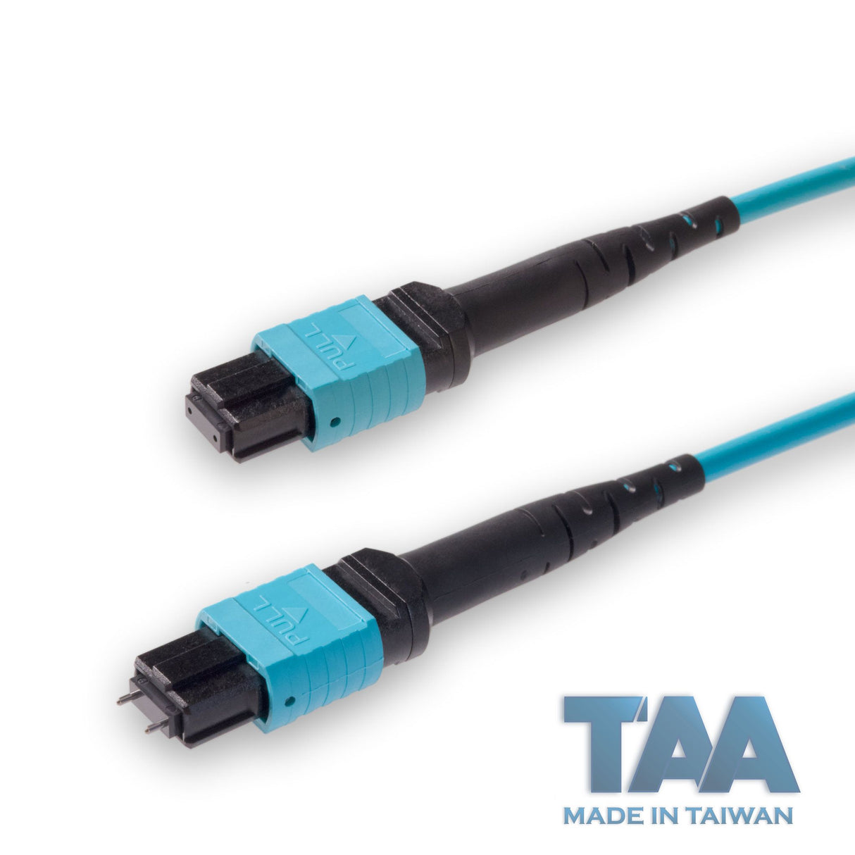 TAA Compliant | 12-Fiber Low Loss Pinned MPO/UPC to Non-Pinned MPO/UPC Jumper Cable | Corning ClearCurve OM3 Multimode Optical Fiber | Type A, Aqua MPO Connector, Aqua OFNP Cable Jacket