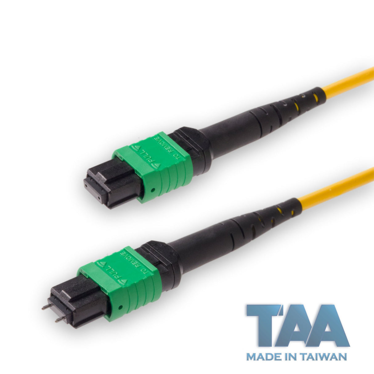 TAA Compliant | 12-Fiber Low Loss Pinned MPO/APC to Non-Pinned MPO/APC Jumper Cable | Corning SMF-28 Ultra Single-mode Optical Fiber | OS1/OS2 Compatible | Type A, Green MPO Connector, Yellow OFNP Cable Jacket