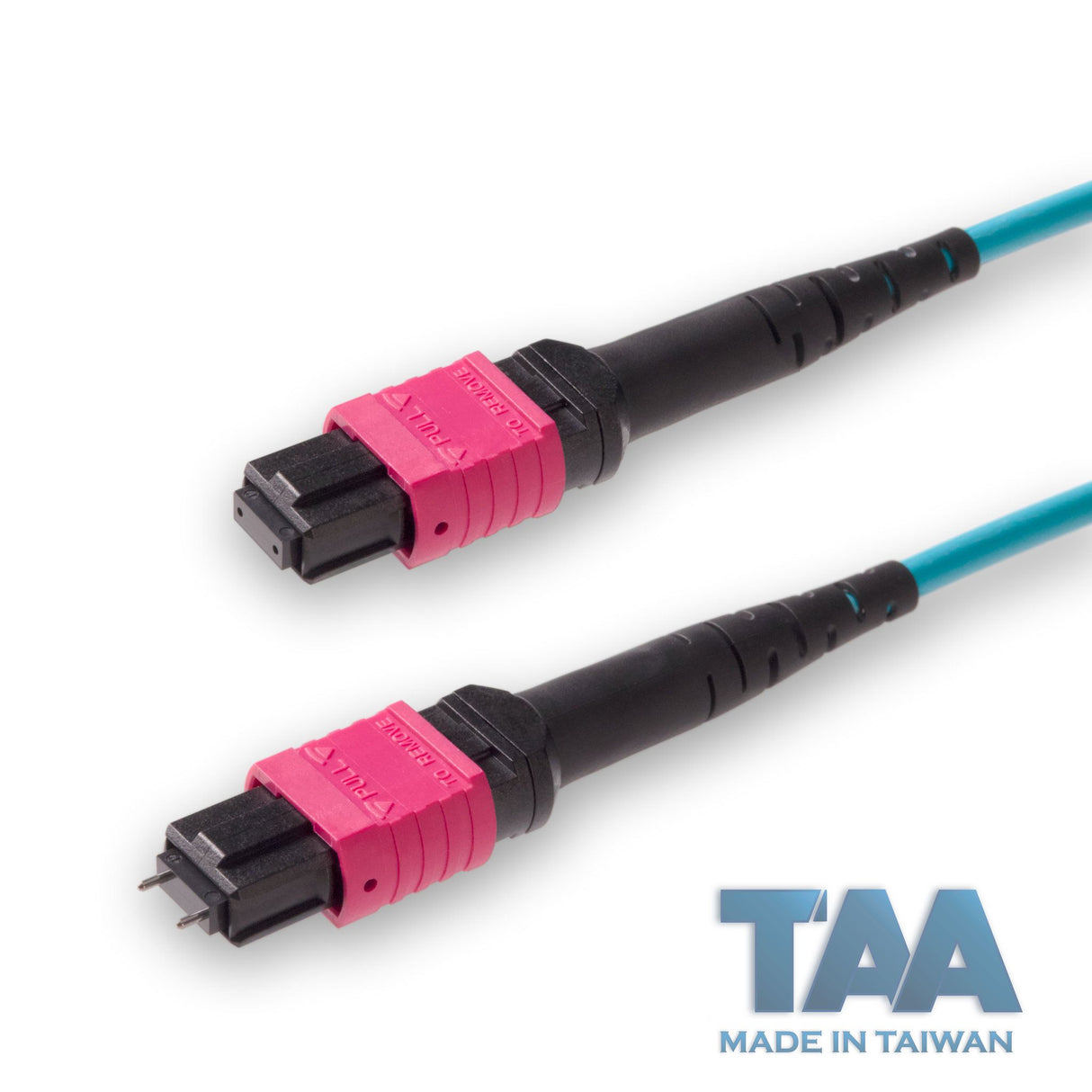 TAA Compliant | 12-Fiber Low Loss Pinned MPO/UPC to Non-Pinned MPO/UPC Jumper Cable | Corning ClearCurve OM4 Multimode Optical Fiber | Type A, Magenta MPO Connector, Aqua OFNP Cable Jacket