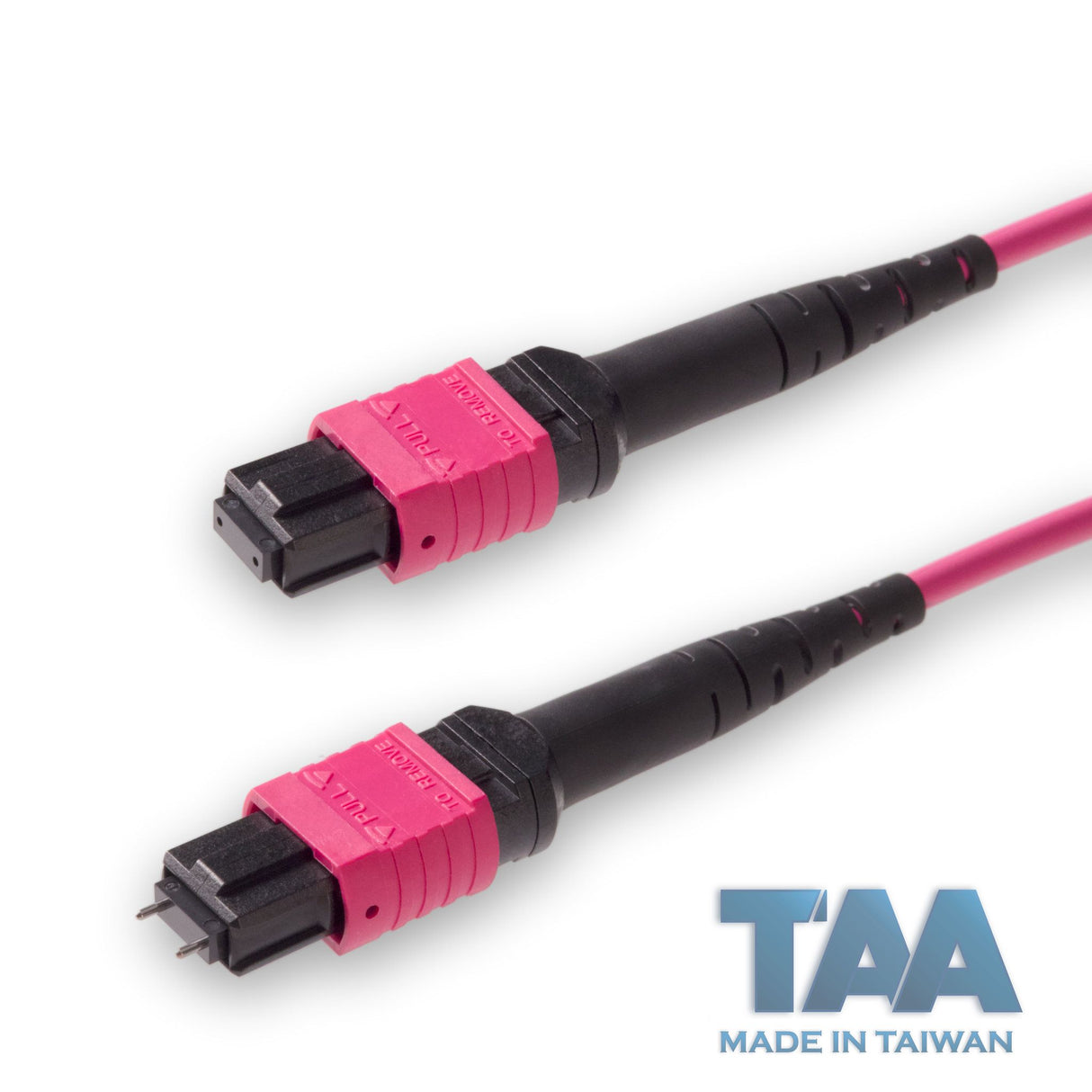 TAA Compliant | 12-Fiber Low Loss Pinned MPO/UPC to Non-Pinned MPO/UPC Jumper Cable | Corning ClearCurve OM4 Multimode Optical Fiber | Type B, Magenta MPO Connector, Magenta OFNP Cable Jacket