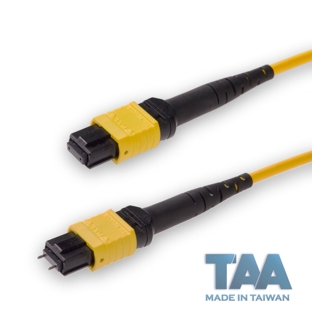 TAA Compliant | 12-Fiber Low Loss Pinned MPO/APC to Non-Pinned MPO/APC Jumper Cable | Corning SMF-28 Ultra Single-mode Optical Fiber | OS1/OS2 Compatible | Type A, Yellow MPO Connector, Yellow OFNP Cable Jacket