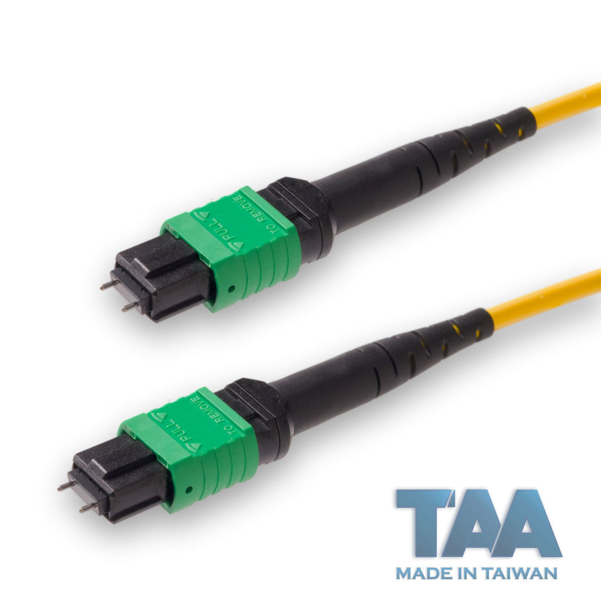 TAA Compliant | 12-Fiber Low Loss Pinned MPO/APC to Pinned MPO/APC Jumper Cable | Corning SMF-28 Ultra Single-mode Optical Fiber | OS1/OS2 Compatible | Type A, Green MPO Connector, Yellow OFNP Cable Jacket